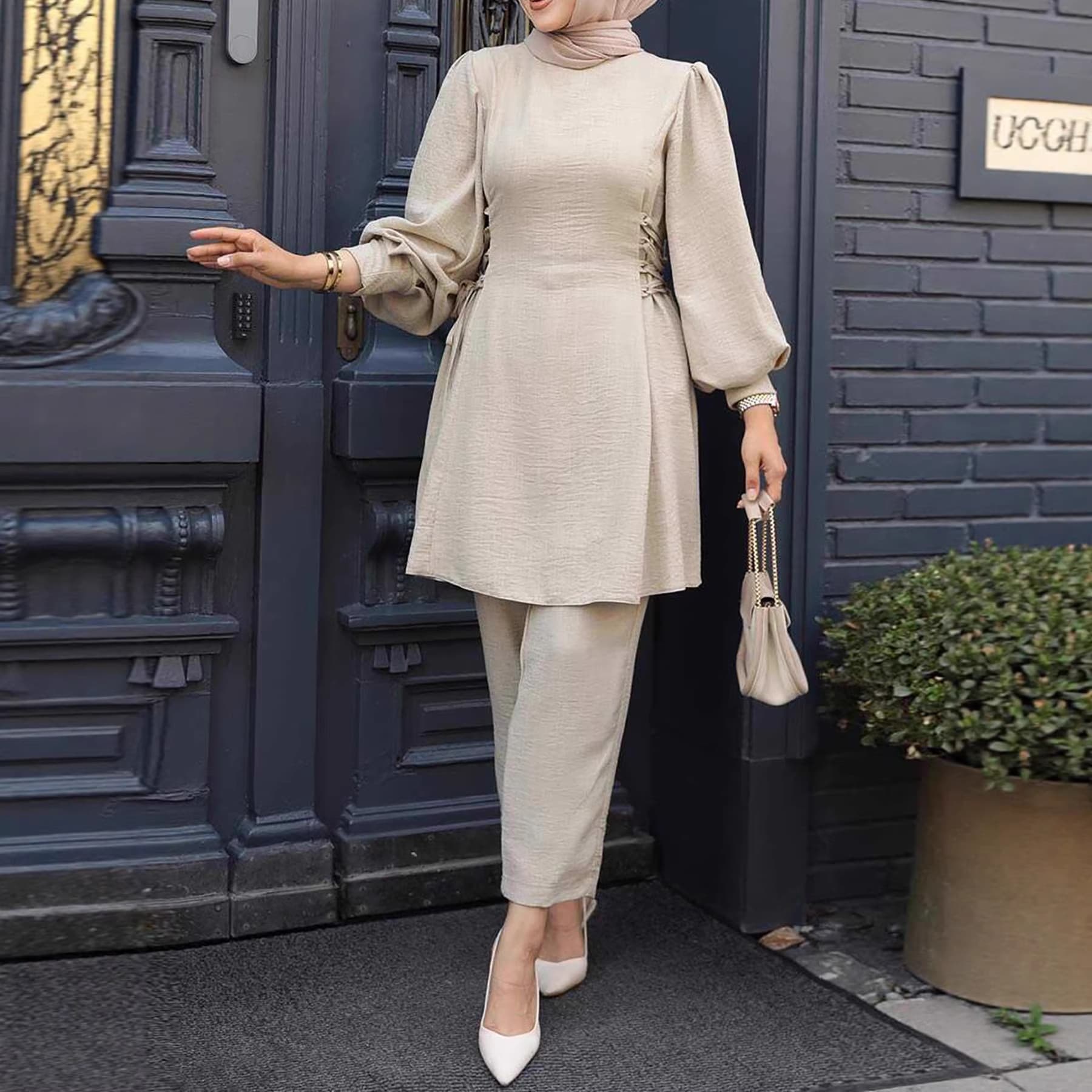 2025 European and American Cross-Border Women's Elegant Simple Long-Sleeve Set Round Neck Lantern Sleeve Cinched Waist Top and Pants Set
