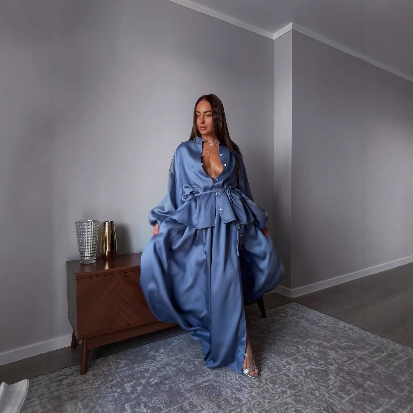 European and American Women's 2026 Spring New Stand Collar Loose Batwing Sleeve Tie Blouse Split Skirt Two-Piece Set