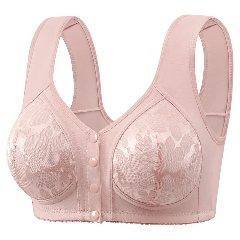 Front-closure fixed cup middle-aged mother's bra, wire-free, plus size push-up anti-sagging side-boob control ladies underwear.
