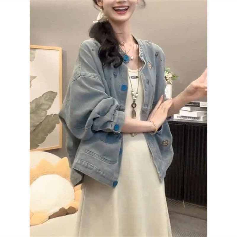 Korean Style Retro Embroidered Denim Jacket for Women 2025 Autumn New Style Plus Size Loose Slimming Jacket Top Trendy