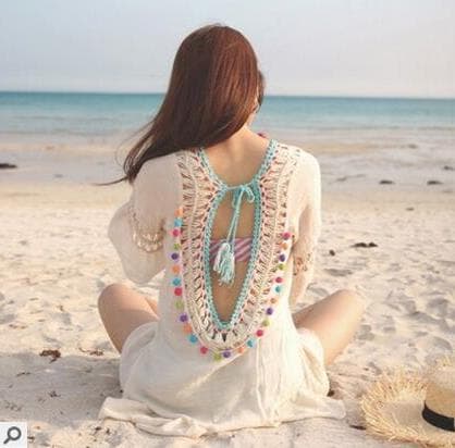 Beach Vacation Backless Dress, Hollow Bikini Cover-Up, Handwoven Backless Sheer Beach Sun Protection
