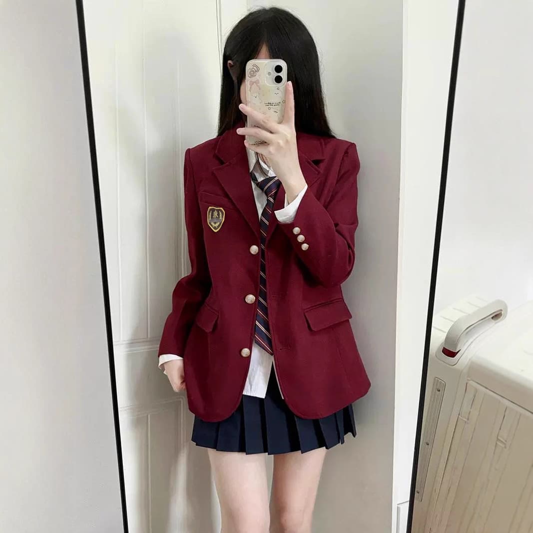 Camellia-themed versatile preppy style suit, black school uniform jacket, short-legged suit, JK uniform coat, British style outerwear, Korean style.