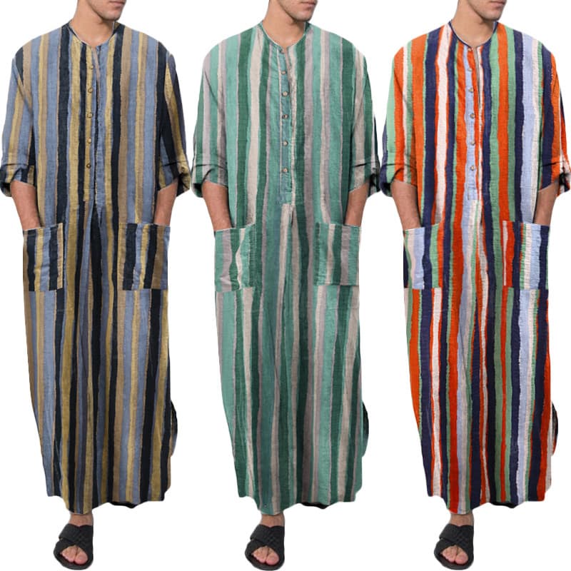 Muslim robe, Arabic men's loose-fitting striped long-sleeved ethnic style Middle Eastern jumpsuit, loose and comfortable.
