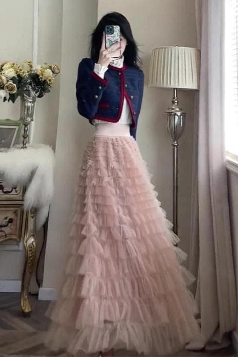 Tea-Scented Rich Heiress Set Skirt Women's Autumn/Winter New Style Korean Drama Chic Celebrity Mesh Skirt