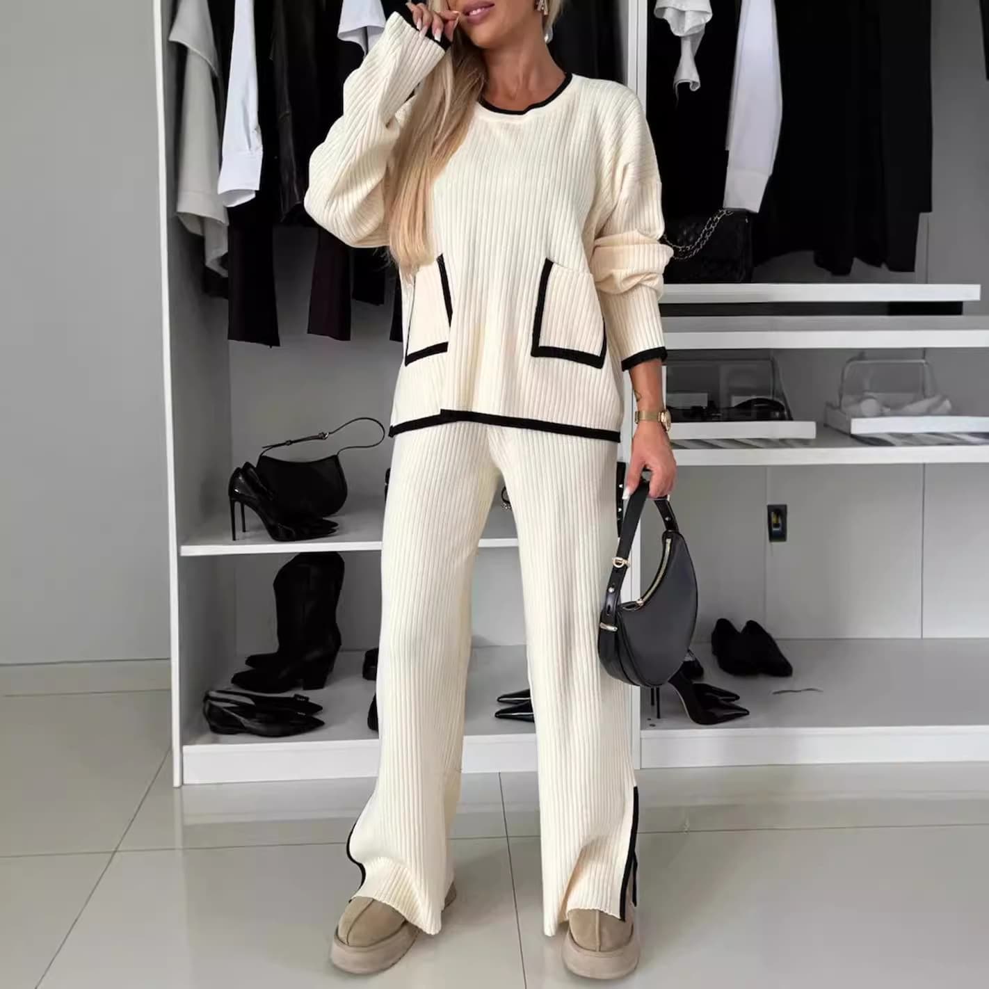 2024 Amazon Fall Style Color-Block Women's Casual Set with Contrast Pocket Top and Wide-Leg Pants Two-Piece Outfit