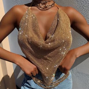 European and American New Gold Full Diamond Metal Strappy Top Deep V Sparkle Diamond Nightclub Hot Girl Atmosphere Outerwear Top for Women