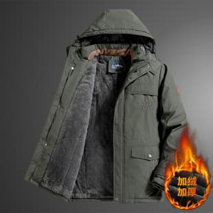 Men's Fleece Lined Thickened Cotton Coat Youth Outdoor Thick Cotton Jacket Winter Large Size Mid-Length Coat