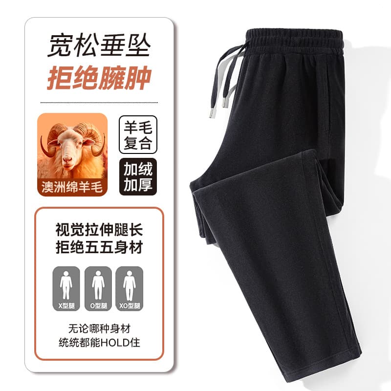 Autumn/Winter Warm Straight-Leg Men's Pants Stretch Loose Men's Wool Casual Pants Non-Static Simple Fleece-Lined Sport Sweatpants