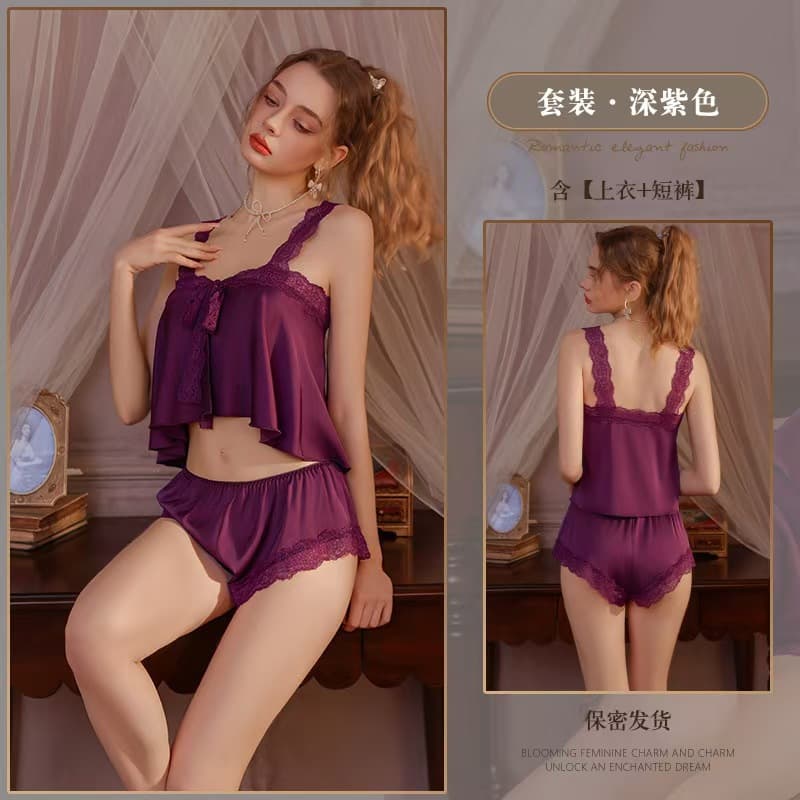 Sweet Homewear Set New Style Cami Shorts Pajamas Thin Sexy Ice Silk Homewear Two-Piece Set