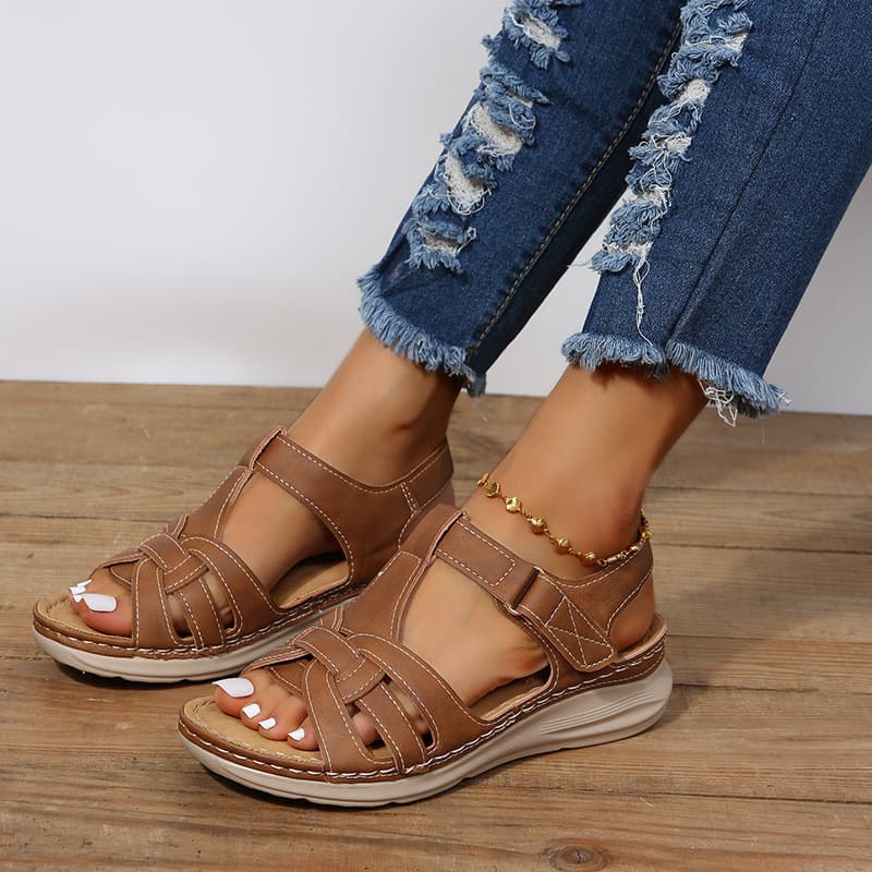 2024 Cross-border Rome Spring Fashion Retro Cross Women's Sandals Car Line Lightweight Soft Bottom Wedge Comfortable Sandals for Women