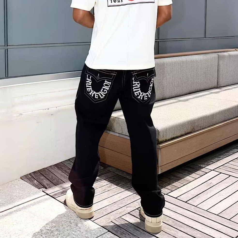 European and American True Cross Religion Letter Embroidered Jeans for Men, Loose Hip-Hop Wide-Leg Pants, Casual Pants for Instagram