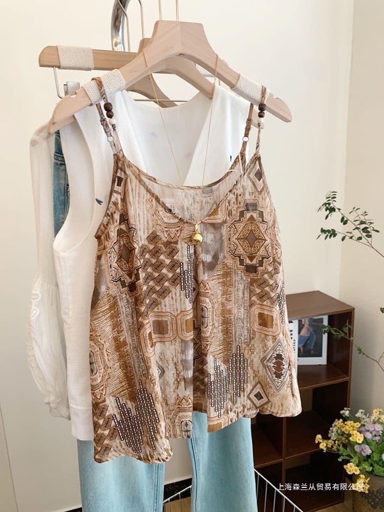 Thai-Style Printed Chic Camisole Top for Women, New Summer Sleeveless Thin Design Versatile Top