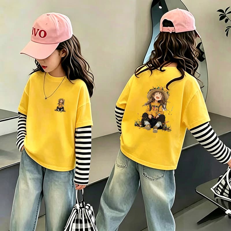 Girls' pure cotton long-sleeved fake two-piece T-shirt 2026 spring and autumn new children's wear little girl's inner bottoming shirt clothes