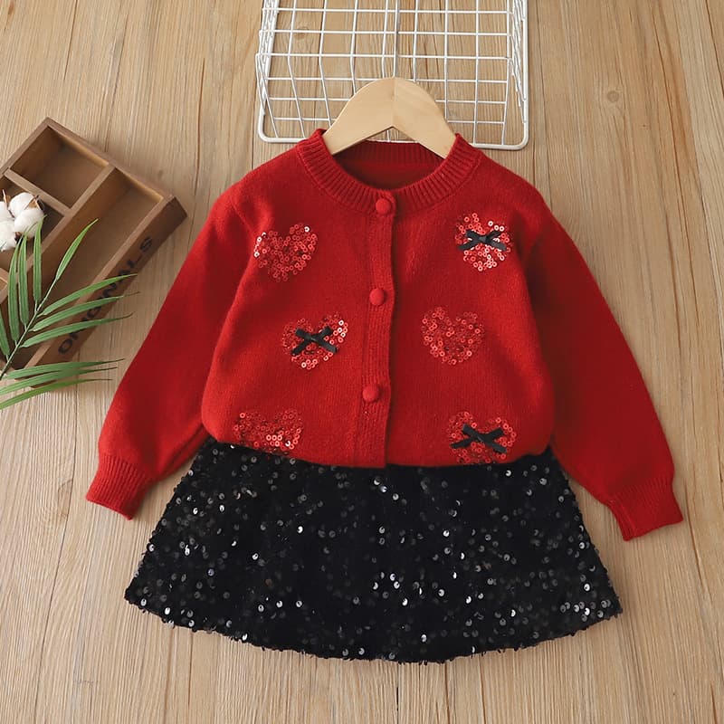 Girls' Sweater Set Fall/Winter 2026 New Trendy Sequin Heart Knit Top Two-Piece with Skirt Cardigan