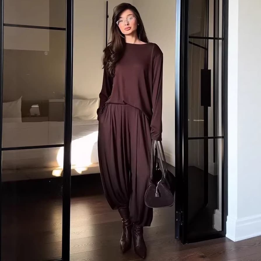 2026 Fall New Cross-Border European and American Women's Long-Sleeve Round Neck Loose Top with Slimming Cuffed Harem Pants