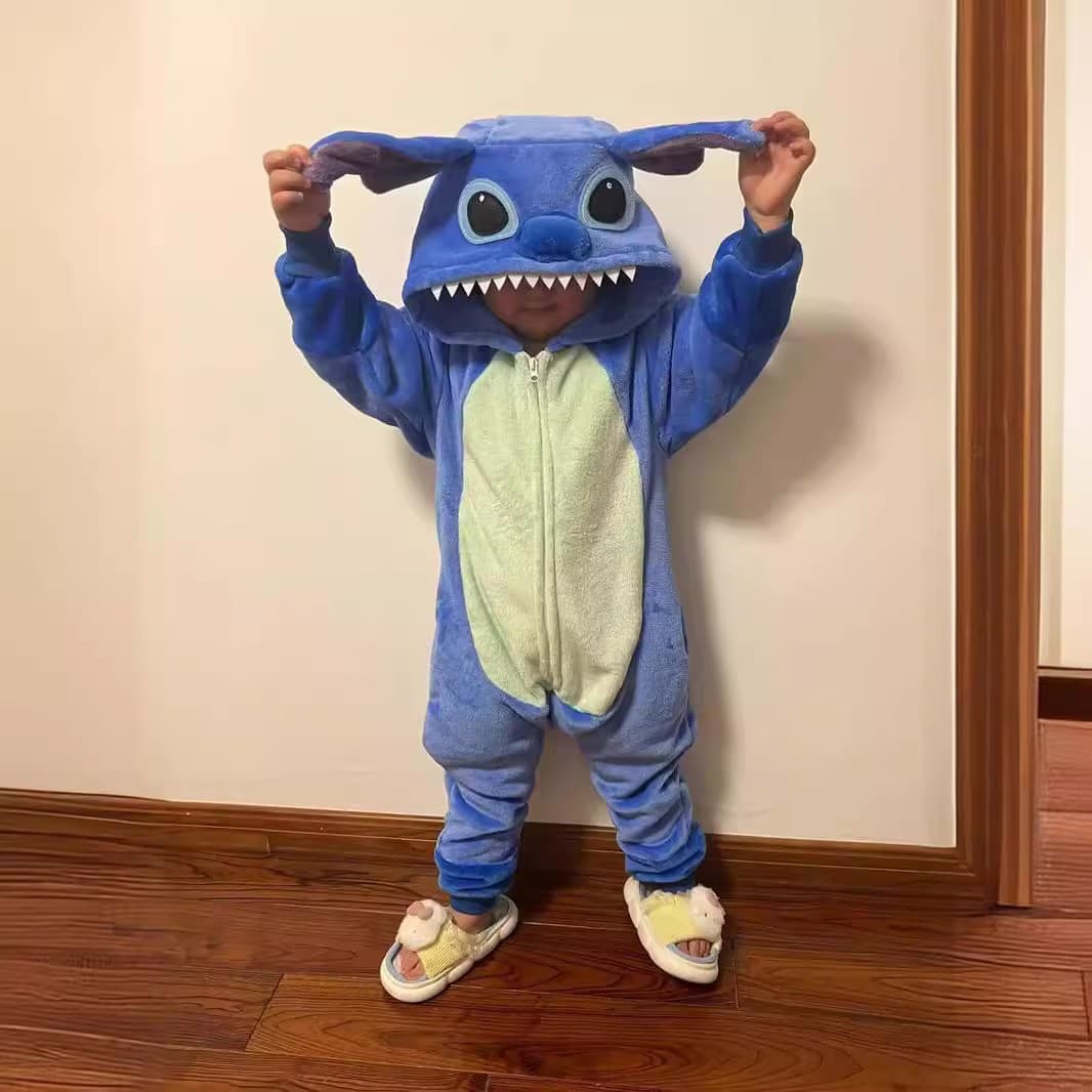 Blue Stitch Flannel Cartoon Animal Front Zipper Pajama Homewear Couple Casual Loungewear Fleece-Lined