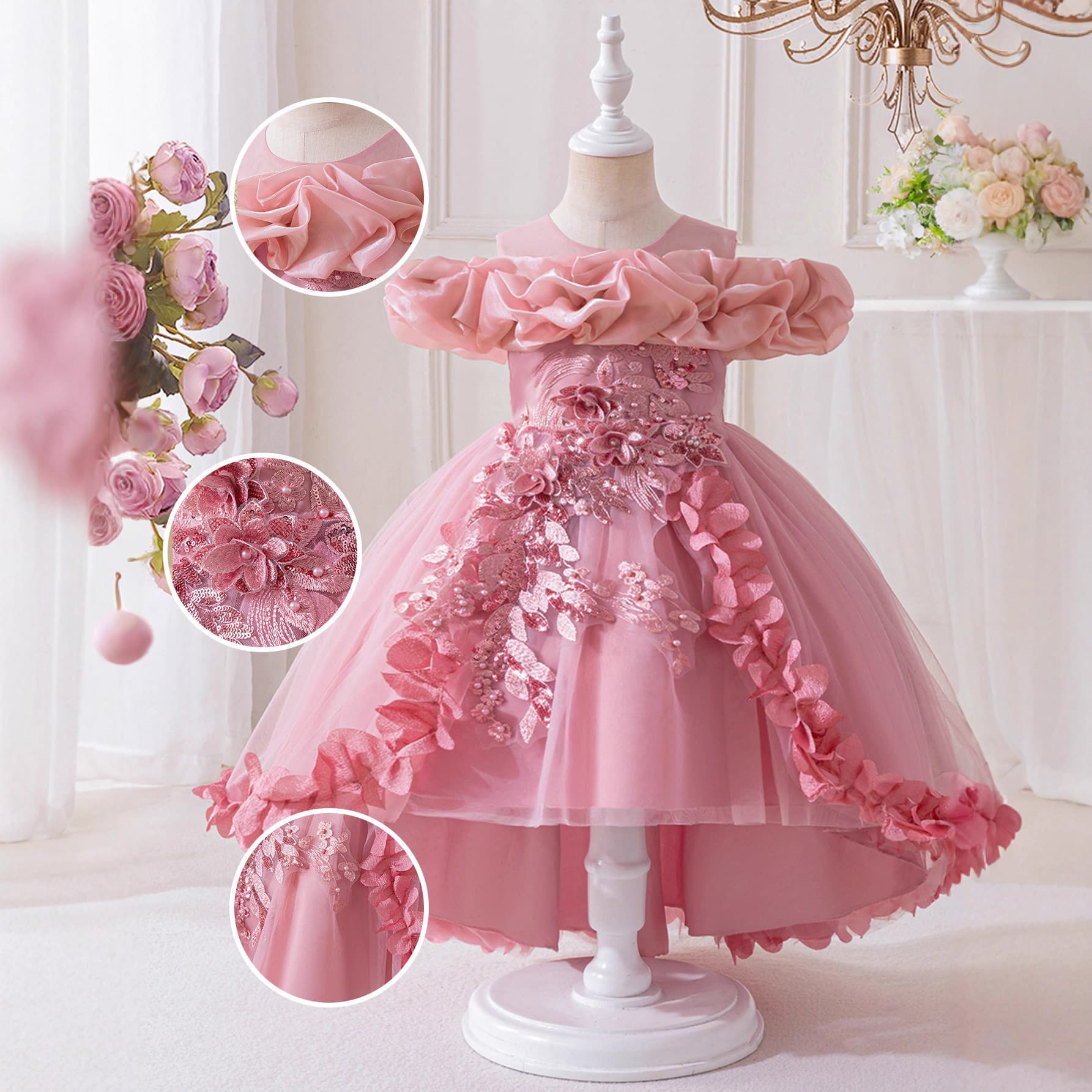 Children's Party Dress Wedding Gown with Petal Hem, Princess Dress for Girls with Beaded Applique and Train, Performance Costume