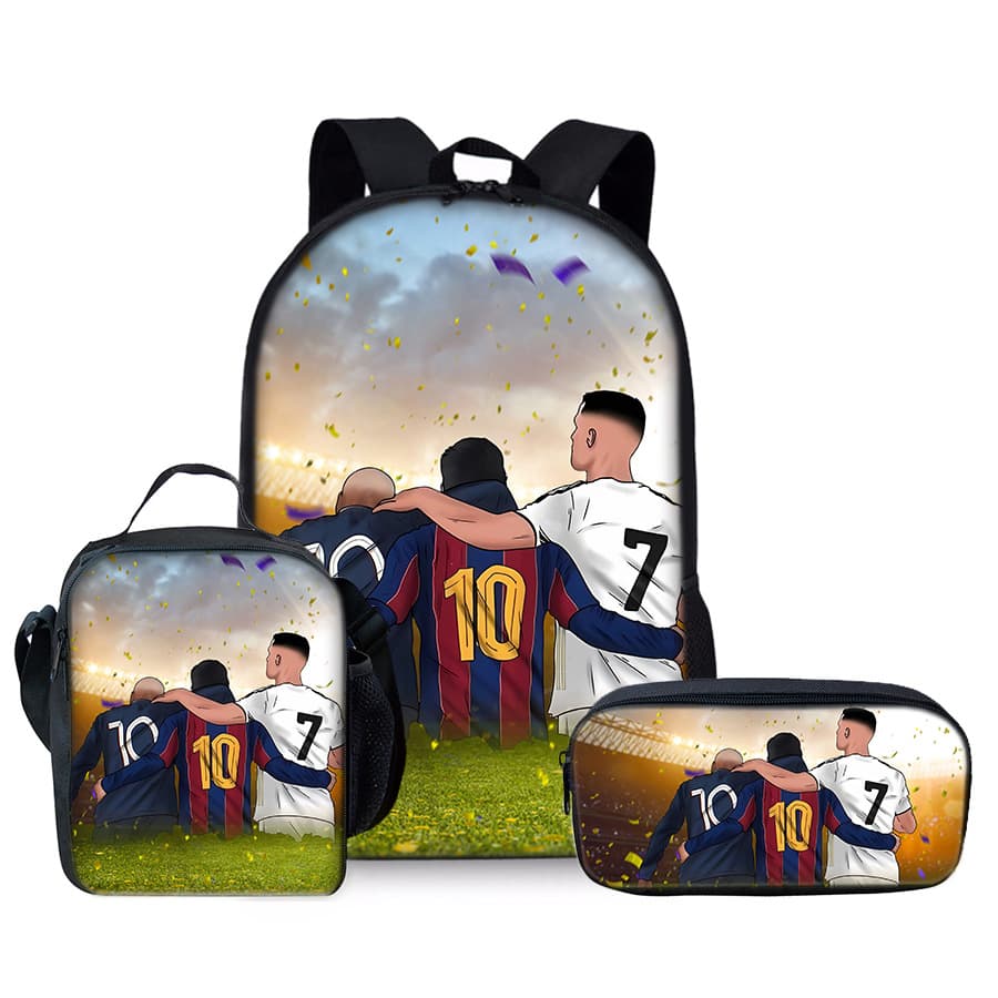 Messi Ronaldo No.7 Neymar Elementary School Student Backpack 3-Piece Set DIY Print Children's Backpack Picnic Bag Pencil Case