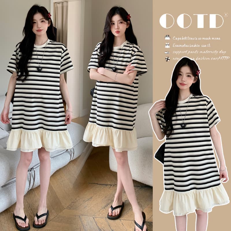 Maternity 2025 Summer Korean Design Hem Patchwork Striped Mid-Length T-Shirt Dress, Versatile and Slimming for Pregnancy
