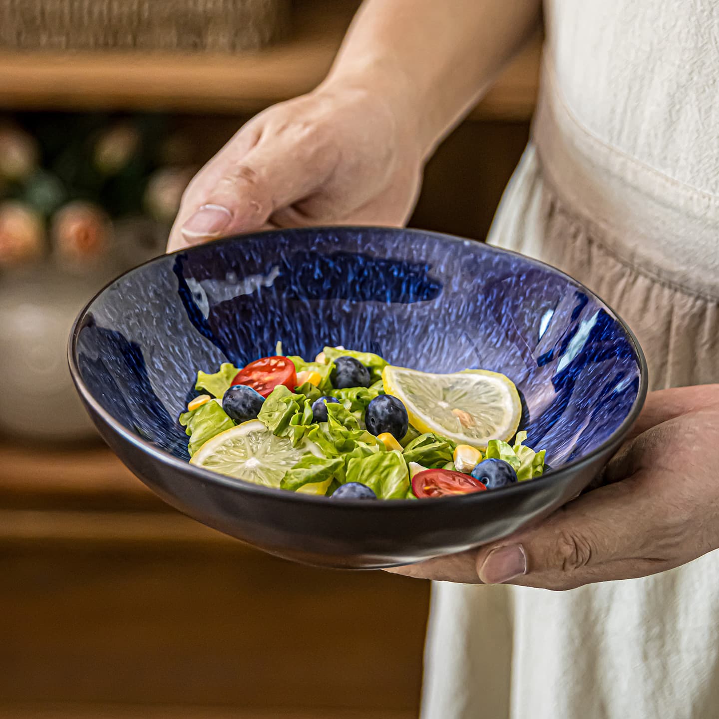 High-looking blue salad bowl ceramic household vegetable bowl large noodle bowl restaurant hotel tableware wholesale soup bowl in stock