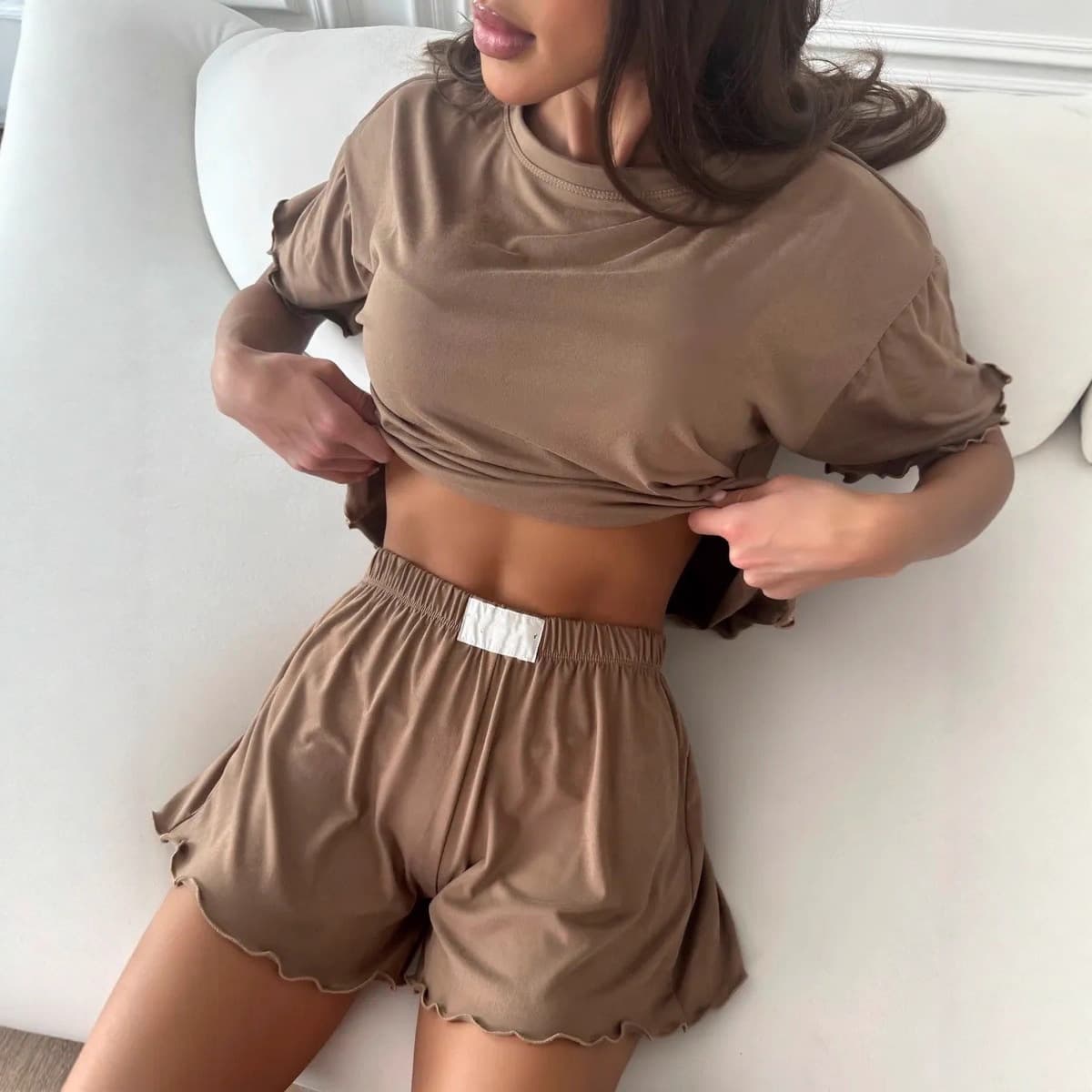 Cross-Border European and American Style Pajamas New Ruffle Trim Loose Crop Top Shorts Two-Piece Set Women's Homewear Set