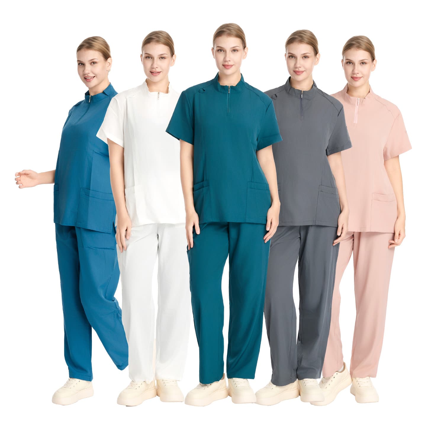 Cross-border Amazon Stretch Hand Wash Shirts, Stand-Collar Zipper Style, Doctor, Nurse Work Clothes, Surgical Gowns, Straight-Leg Pants, Solid Color