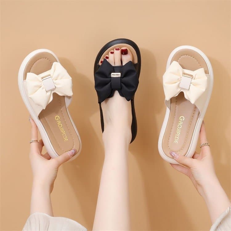 Source Factory Flat-Soled Outdoor Slippers for Women, Summer Bowknot Lightweight Versatile Fashion Fairy-Style Thick-Soled Slides