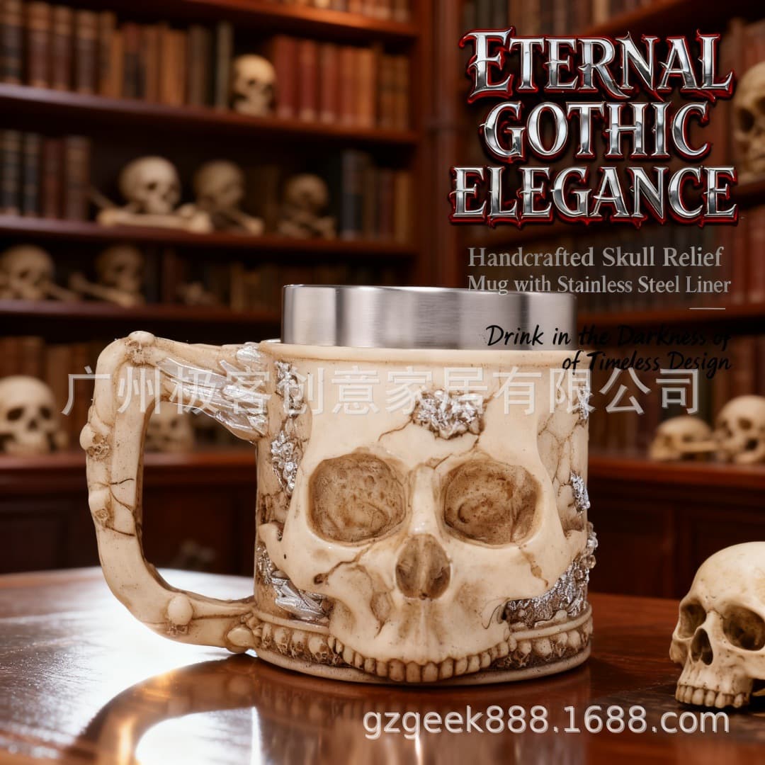 Skull Beer Mug Stainless Steel Mug Halloween Skull Resin Craft Ornament Handmade