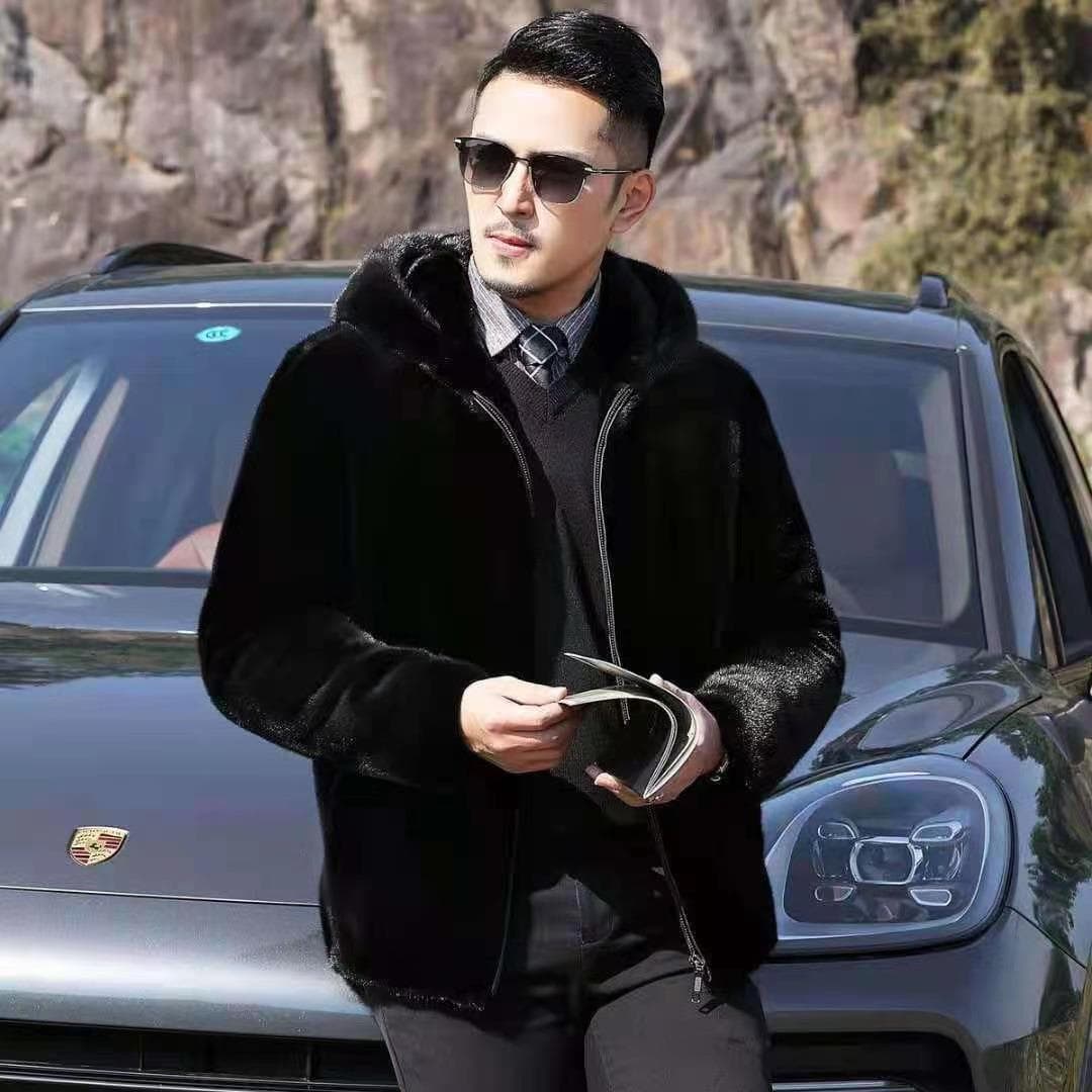 Men's faux mink fur coat, hooded mink fleece jacket, Haining composite fur coat.