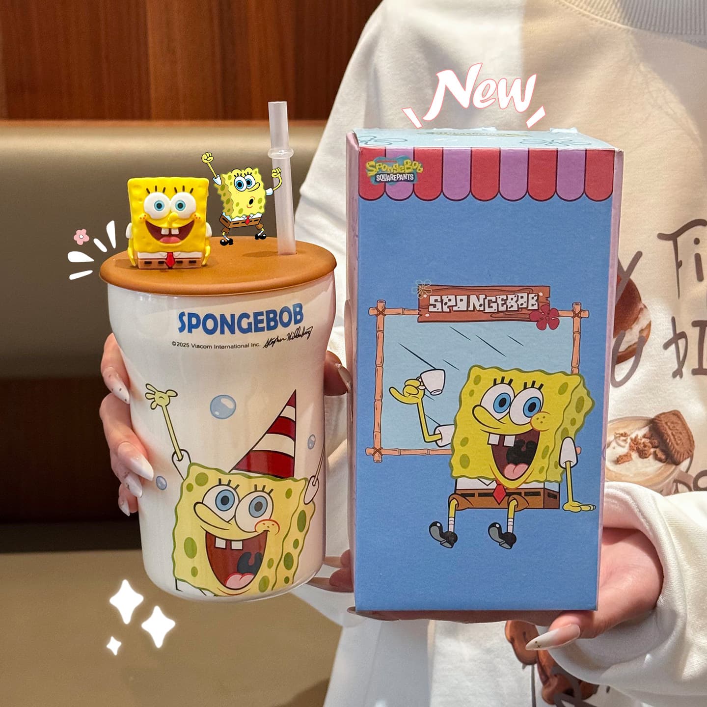 SpongeBob Ceramic Straw Cup Large Capacity Water Cup with Lid Mug Drinking Cup for Students and Office Workers