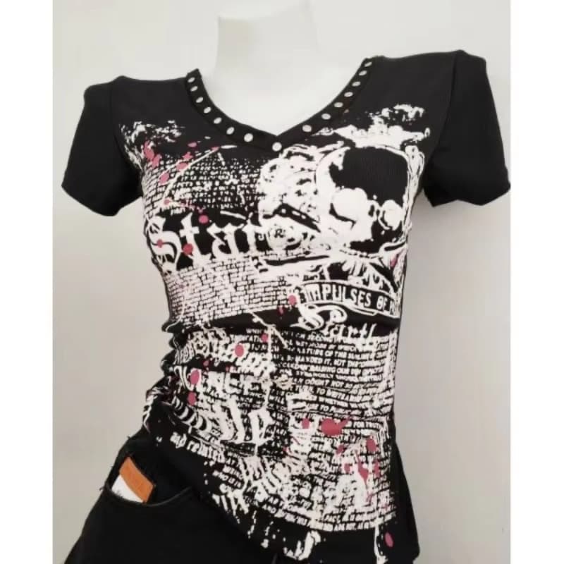 Cross-border American Retro Y2K Sweet Spicy Style Rivet V-Neck Slim Short Sleeve Women's Backless Metal Buckle Print Pullover Top