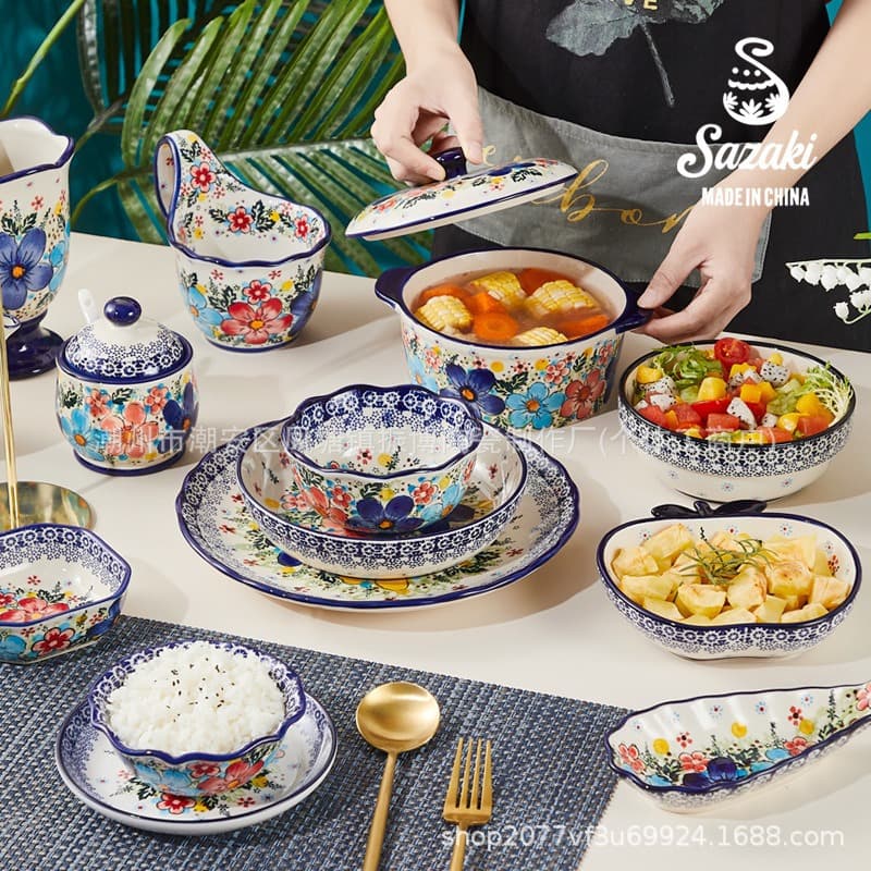 Export foreign trade ceramic tableware, underglaze color, household bowls, plates, spoons, soup bowls, simple ceramic tableware, high-end