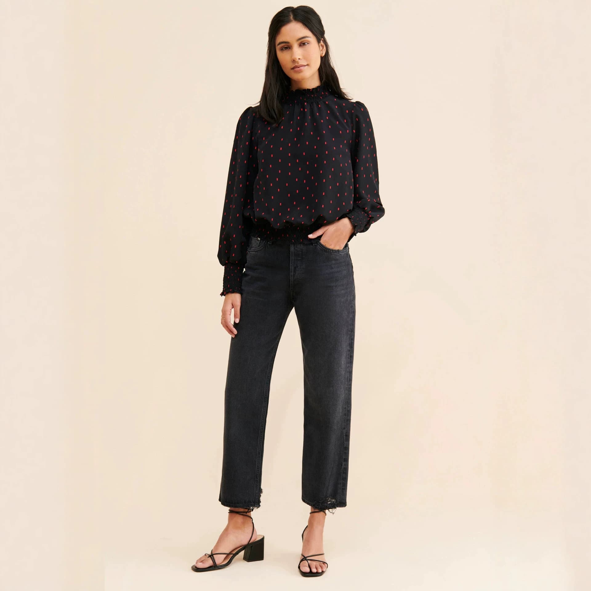 European and American Cross-Border Hot-Selling Printed Chiffon Blouse Women Ruffle High Neck Bubble Long Sleeve Waist-Cinching Commute Draped Shirt