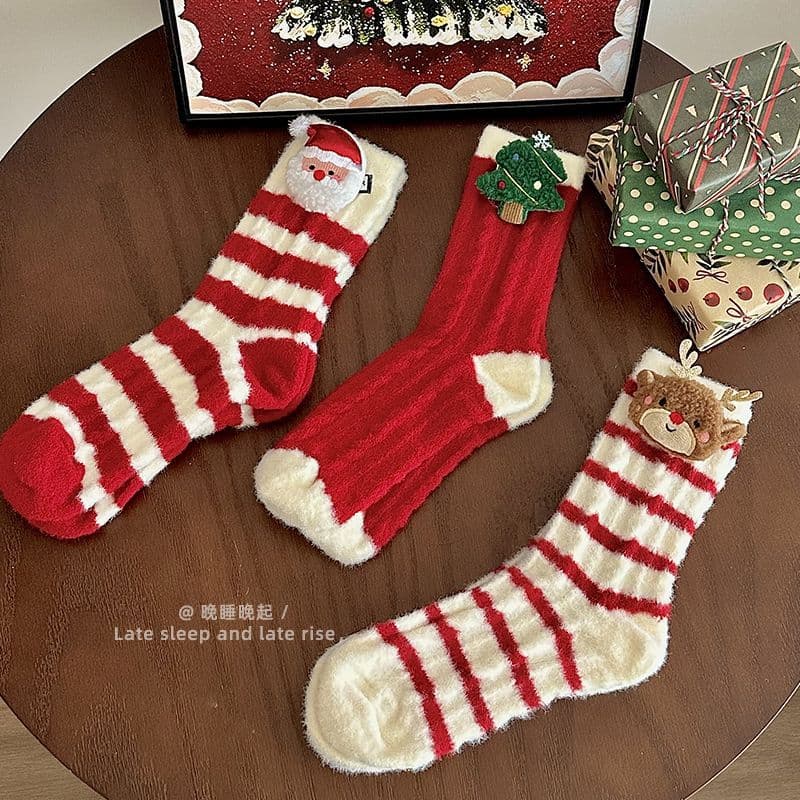Autumn-winter red stripe socks, Australian fleece Christmas zodiac year socks for women, thick thermal indoor New Year floor socks, winter