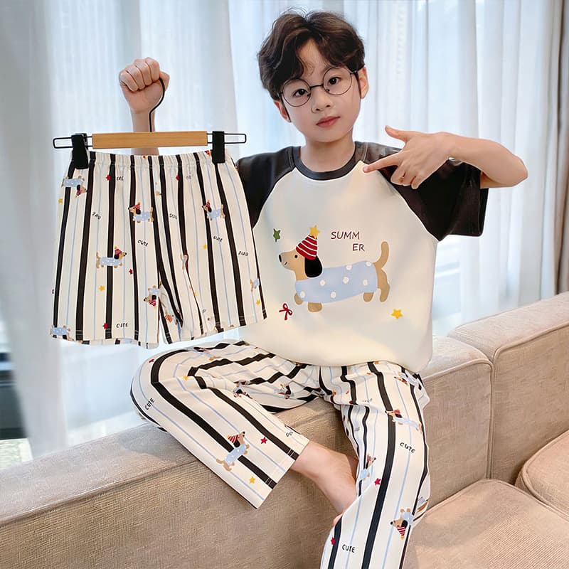 Premium Pajamas for Boys Teens Summer Thin Short Sleeve Kids Cartoon 3-Piece Boys Homewear Set