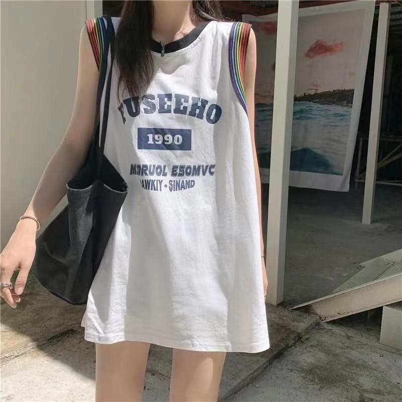Sleeveless T-Shirt Women's Summer Outer Wear Street Style Retro American Basketball Uniform Sports Vest Loose Mid-Length Top