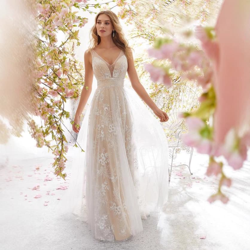 Cross-border Women's Long Mesh Slim Fit Flared Lace Wedding Dress Sleeveless Deep V-Neck Evening Gown Elegant