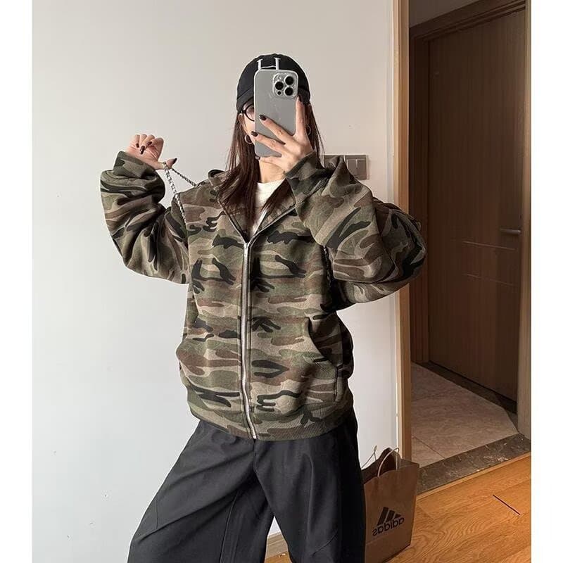 American Retro Special Forces Camo Street Hooded Sweatshirt Zip-Up Cardigan Jacket Unisex Spring Loose Versatile Outerwear