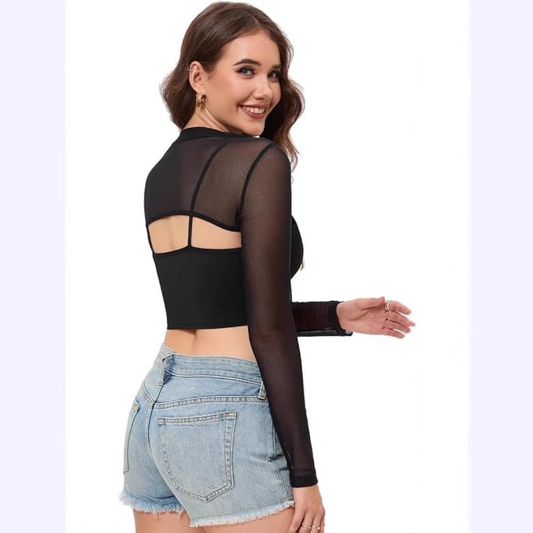 Women's Mesh See-through Crop Top Long Sleeve Business Clubwear Slim Fit Sexy T-shirt Polyester Fabric High Collar Regular Sleeve