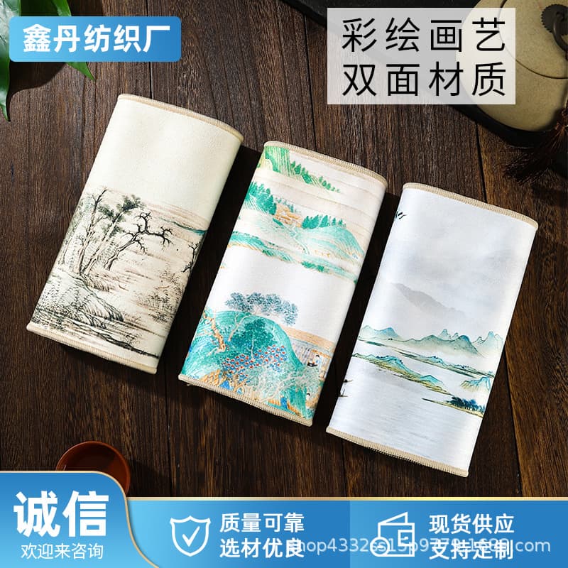 High-end Chinese suede kung fu tea towels, national trend Zen ancient style painted thickened absorbent, non-shedding, individually packaged
