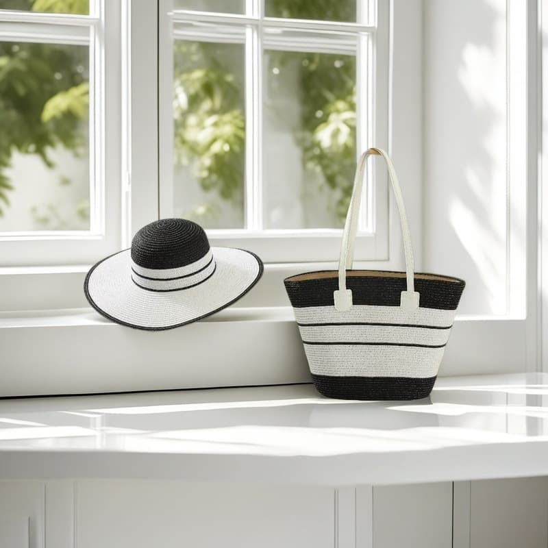 Cross-Border Straw Hat and Straw Bag Two-Piece Set: Sun Hat, Large Capacity Striped Tote Bag, Shoulder Bag, Beach Bag - Factory Store