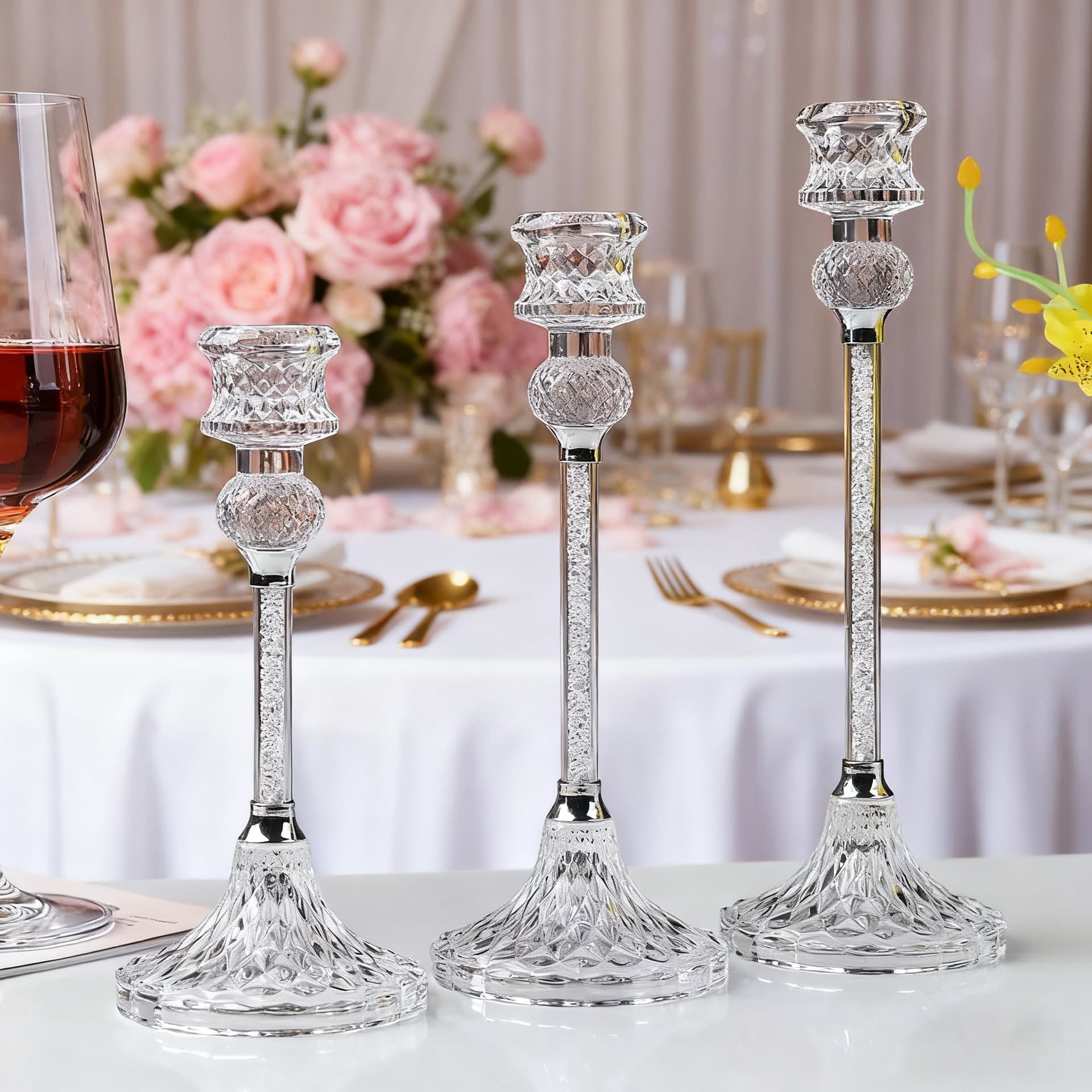European Style Transparent Crystal Diamond Candle Holder 3-Piece Set for Wedding Living Room Photo Prop Christmas Romantic Candlelight Dinner