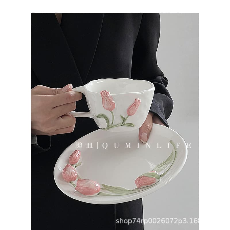 Ceramic Cup Tulip Cup Water Cup Ceramic Hand-Painted Plate High Aesthetic Dining Plate Ins Style Western Food Home Use