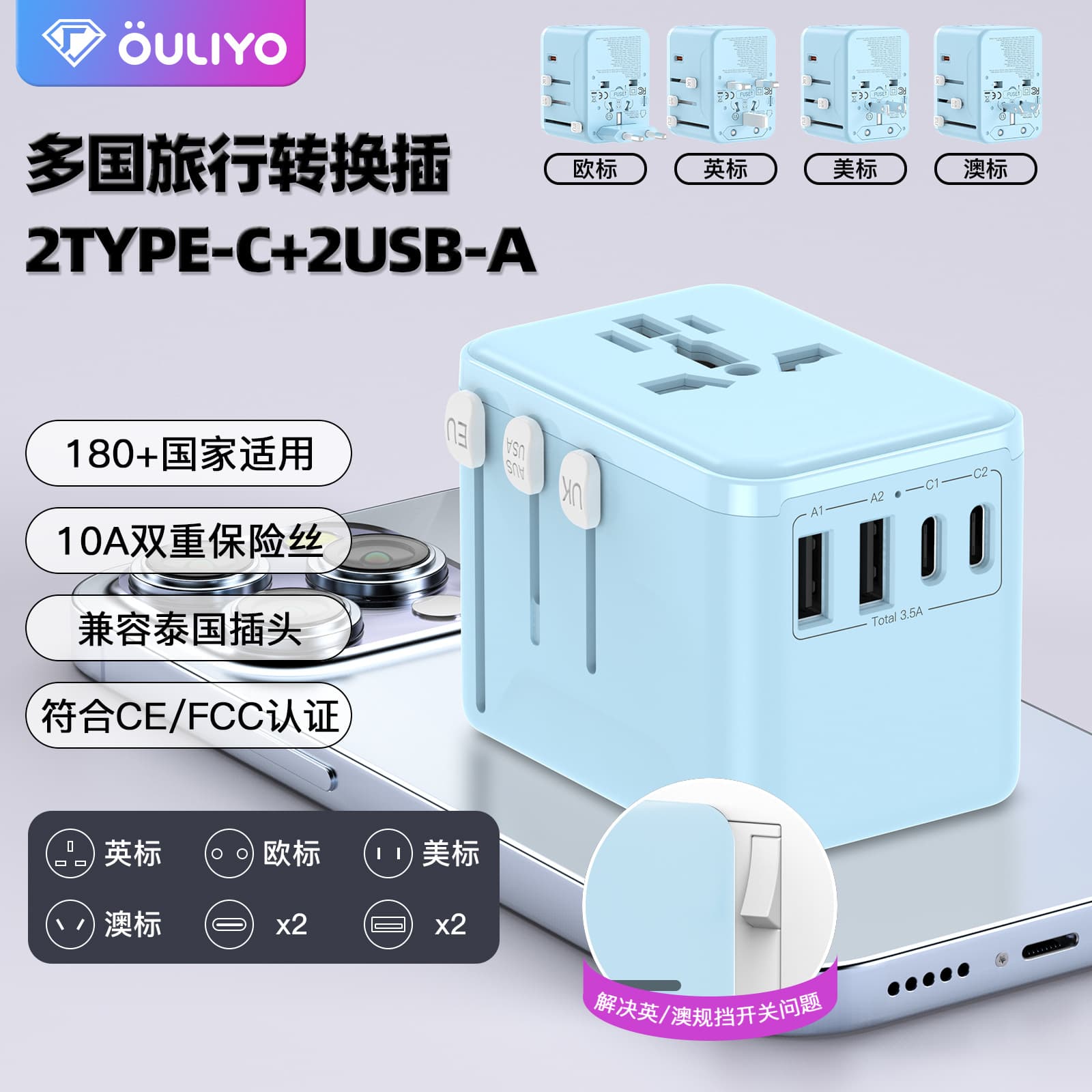 Universal multi-functional 2A2C fast charging adapter, global travel plug converter, European and American standard, one to multiple.