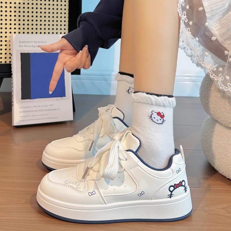 Women's Cute Cat Thick Sole White Sneakers, Ins Trendy Minimalist Design, Casual Board Shoes