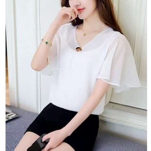 Chiffon Blouse Women Ruffle Bell Sleeve 2026 Summer Plus Size V-Neck Loose Slimming Fairy Top