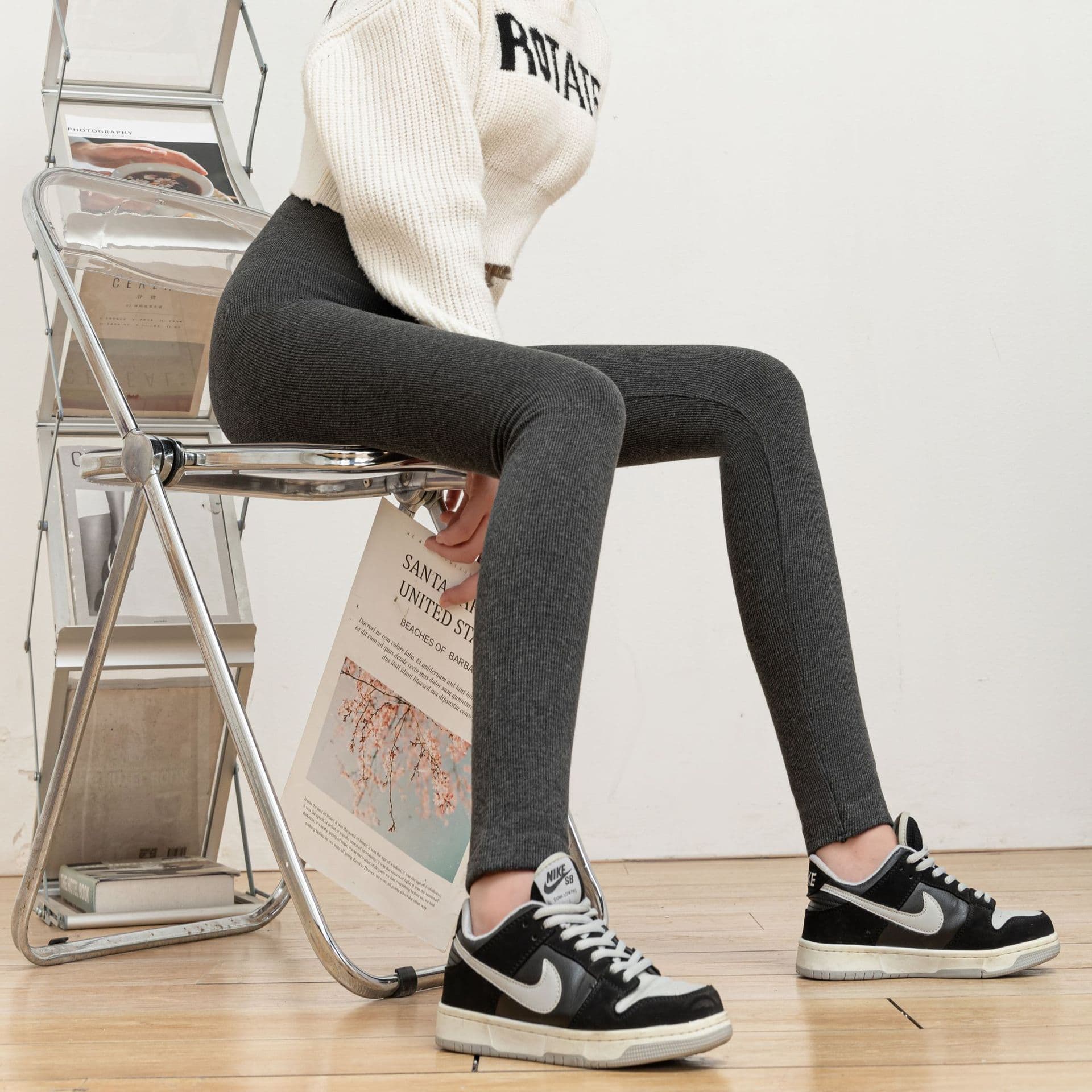 Korean-style High-end Solid Color Leggings for Women, Spring/Summer Thin Vertical Stripe Ribbed Cotton Tights, Wearable as Outerwear