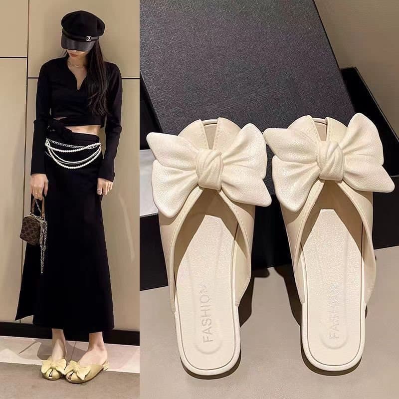 2026 New Fashion Flat Bottom Fairy Bow Versatile Baotou Half Drag Summer Versatile Baotou Sandals and Slippers for Adults