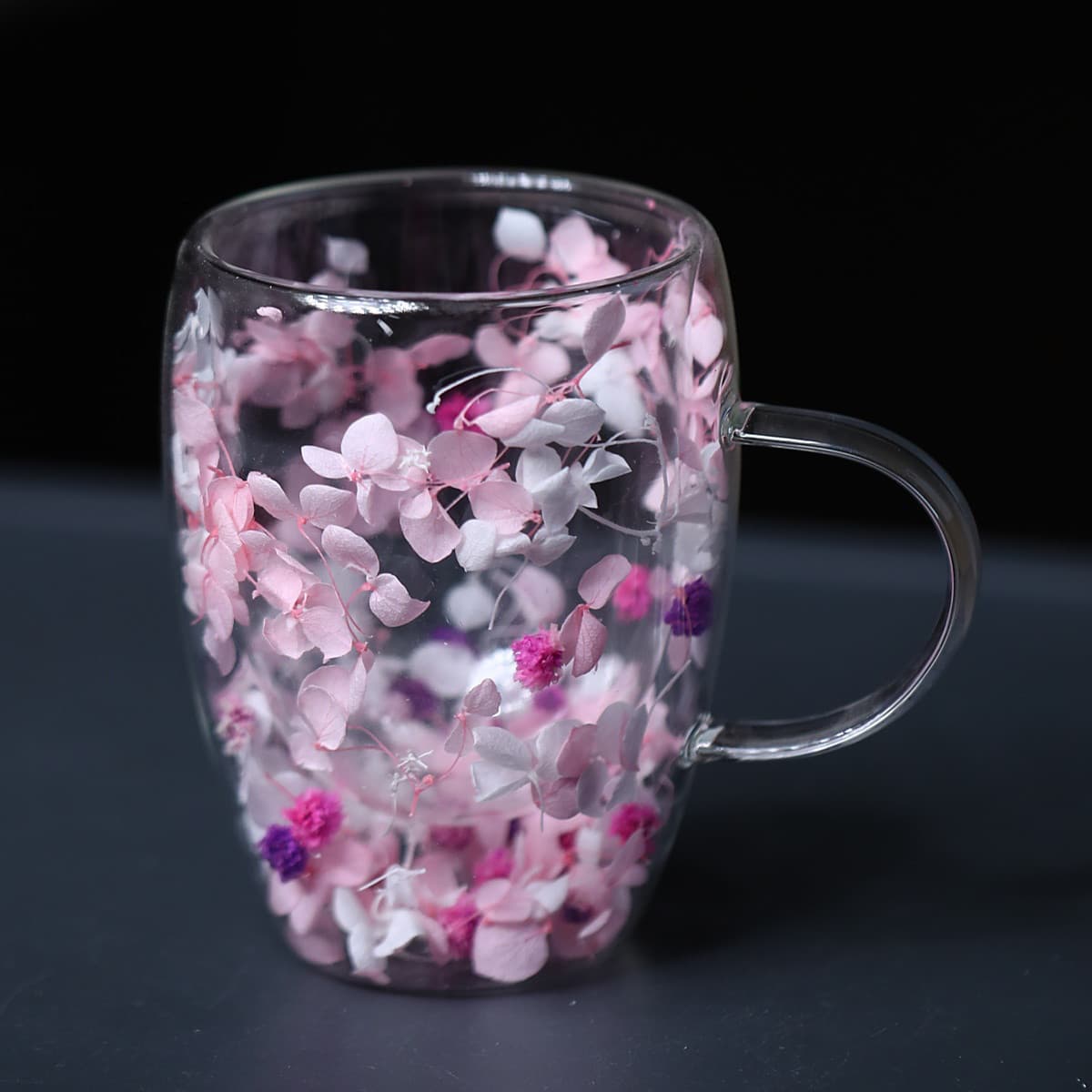 Viral real flower double-layer glass cup, high-appeal couple's juice glass, handled high borosilicate insulated coffee mug