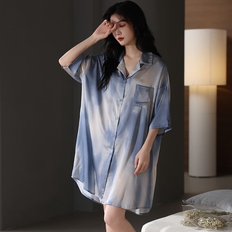 Women's Summer Nightgown Ice Silk Short Sleeve Sleep Dress Thin Midi Length High-End Simulated Silk Loungewear